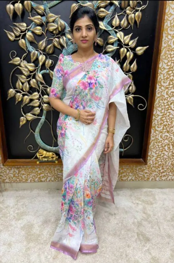 White_Linen_Saree_with_Floral_Digital_Print_&_Gold_Jari_Border