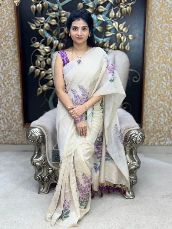 Cream_With_Blue_Linen_Digital_Saree_For_Women