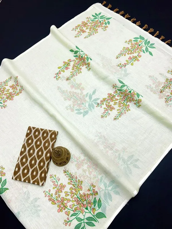 Cream_With_Brown_Linen_Digital_Saree_For_Women
