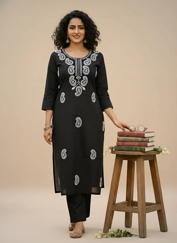 Black_Tesla_Slub_Embroidered_Kurti_Pant_Set_with_White_Thread_Work
