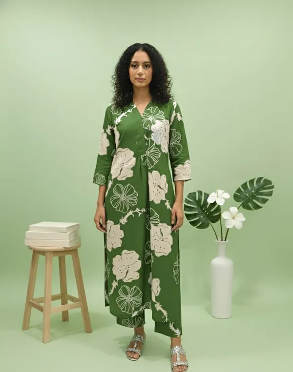 Green_Poly_Rayon_Premium_Long_Kurti_Pant_Co-ord_Set_For_Women