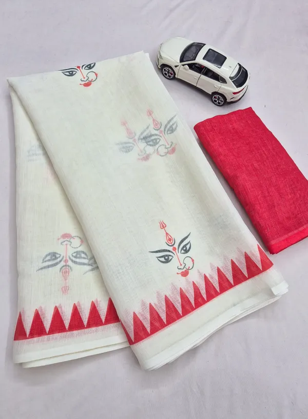 Durga_Puja_Special_White_Linen_Saree_With_Red_Digital_Print_&_Traditional_Border