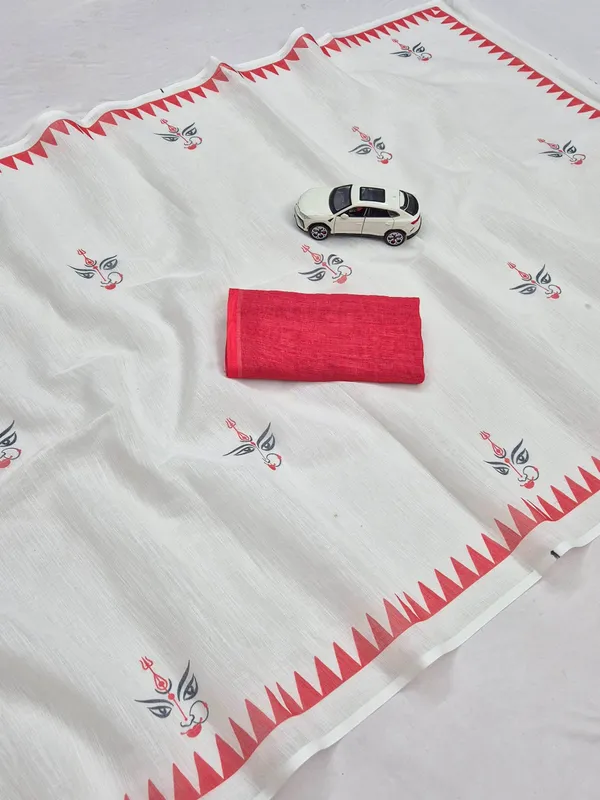 Durga_Puja_Special_White_Linen_Saree_With_Red_Digital_Print_&_Traditional_Border