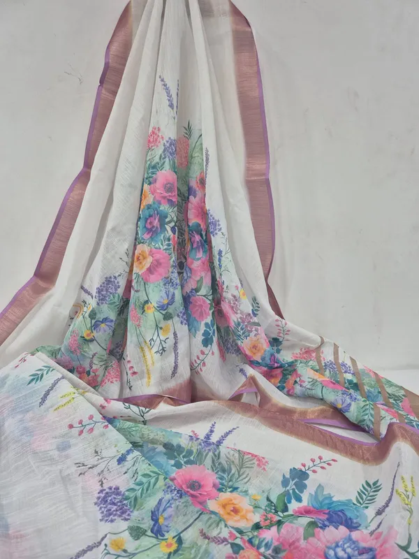 White_Linen_Saree_with_Floral_Digital_Print_&_Gold_Jari_Border