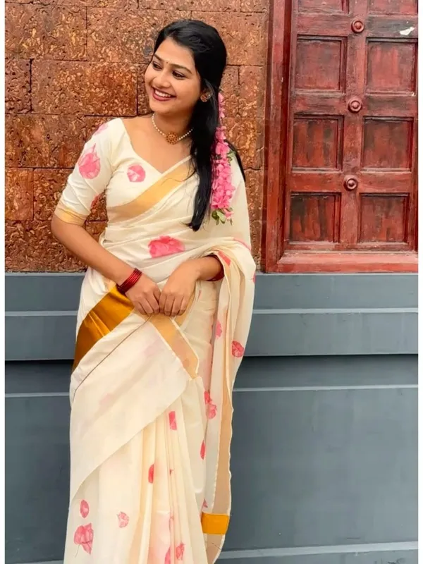 Elegant_Chiku_Linen_Kerala_Saree_With_Digital_Floral_Print_&_Gold_Jari_Border