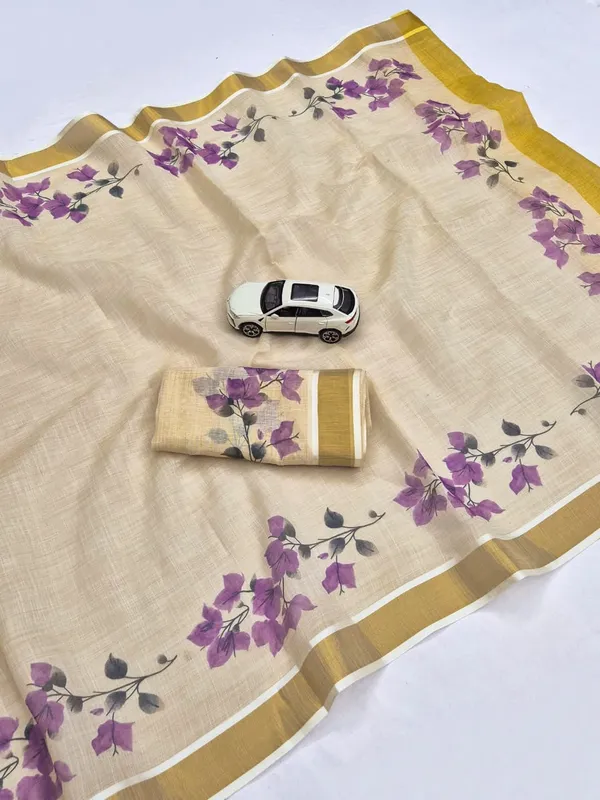 Elegant_Chiku_Linen_Kerala_Saree_With_Digital_Floral_Print_&_Gold_Jari_Border