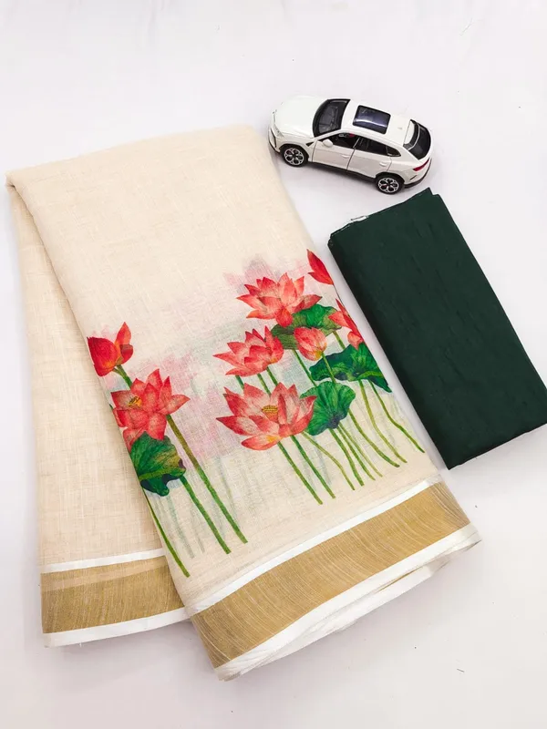 Elegant_Chiku_Linen_Kerala_Saree_With_Digital_Floral_Print_&_Gold_Jari_Border