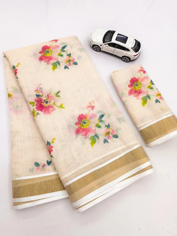 Elegant_Chiku_Linen_Kerala_Saree_With_Digital_Floral_Print_&_Gold_Jari_Border