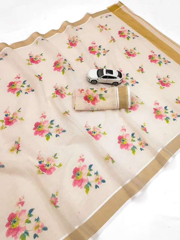 Elegant_Chiku_Linen_Kerala_Saree_With_Digital_Floral_Print_&_Gold_Jari_Border