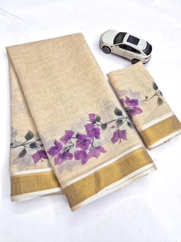 Elegant_Chiku_Linen_Kerala_Saree_With_Digital_Floral_Print_&_Gold_Jari_Border