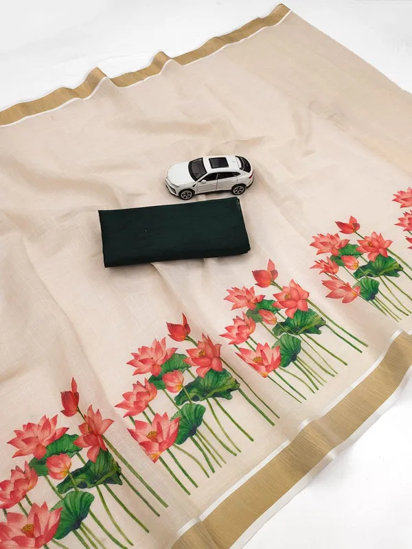 Elegant_Chiku_Linen_Kerala_Saree_With_Digital_Floral_Print_&_Gold_Jari_Border