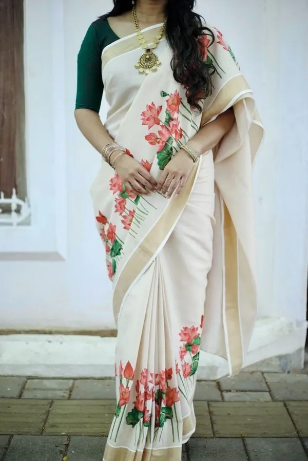Elegant_Chiku_Linen_Kerala_Saree_With_Digital_Floral_Print_&_Gold_Jari_Border