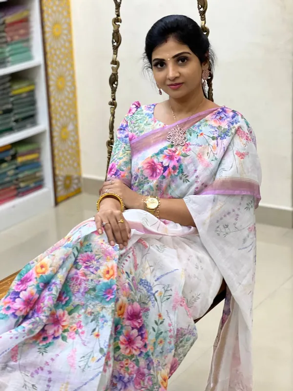 White_Linen_Saree_with_Floral_Digital_Print_&_Gold_Jari_Border