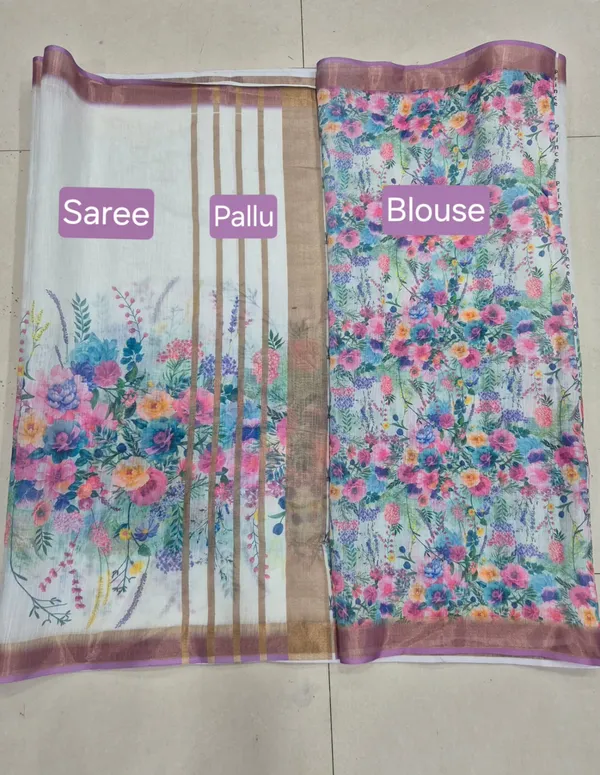 White_Linen_Saree_with_Floral_Digital_Print_&_Gold_Jari_Border