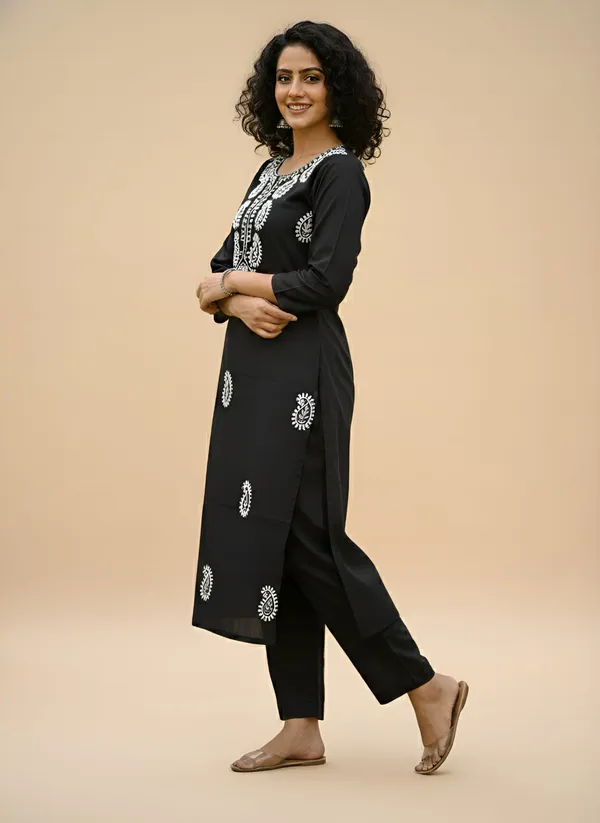 Black_Tesla_Slub_Embroidered_Kurti_Pant_Set_with_White_Thread_Work