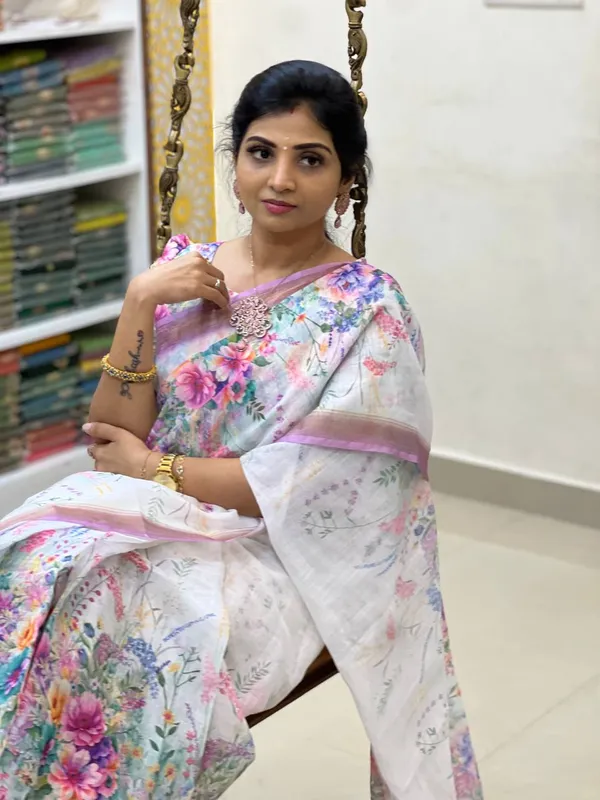 White_Linen_Saree_with_Floral_Digital_Print_&_Gold_Jari_Border
