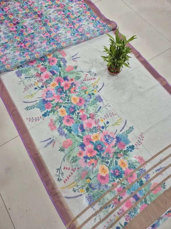 White_Linen_Saree_with_Floral_Digital_Print_&_Gold_Jari_Border