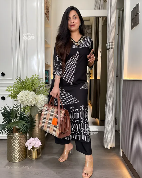 Lime_Black_Premium_Pure_Cotton_Slub_Kurti_Pant_Set_with_Stylish_Chevron_Yoke