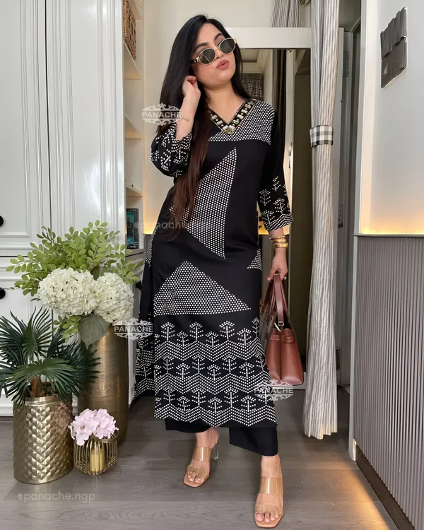Lime_Black_Premium_Pure_Cotton_Slub_Kurti_Pant_Set_with_Stylish_Chevron_Yoke