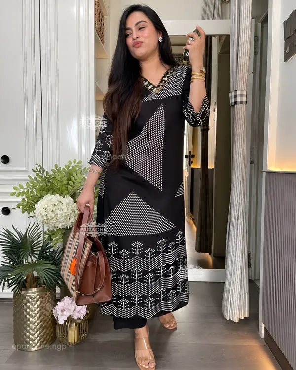 Lime_Black_Premium_Pure_Cotton_Slub_Kurti_Pant_Set_with_Stylish_Chevron_Yoke