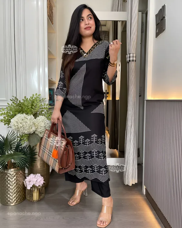 Lime_Black_Premium_Pure_Cotton_Slub_Kurti_Pant_Set_with_Stylish_Chevron_Yoke