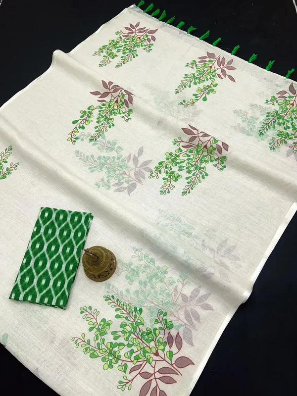 Cream_With_Green_Linen_Digital__Saree_For_Women