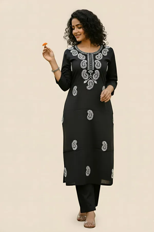 Black_Tesla_Slub_Embroidered_Kurti_Pant_Set_with_White_Thread_Work