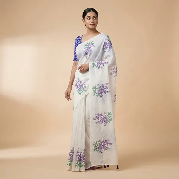 Cream_With_Blue_Linen_Digital_Saree_For_Women