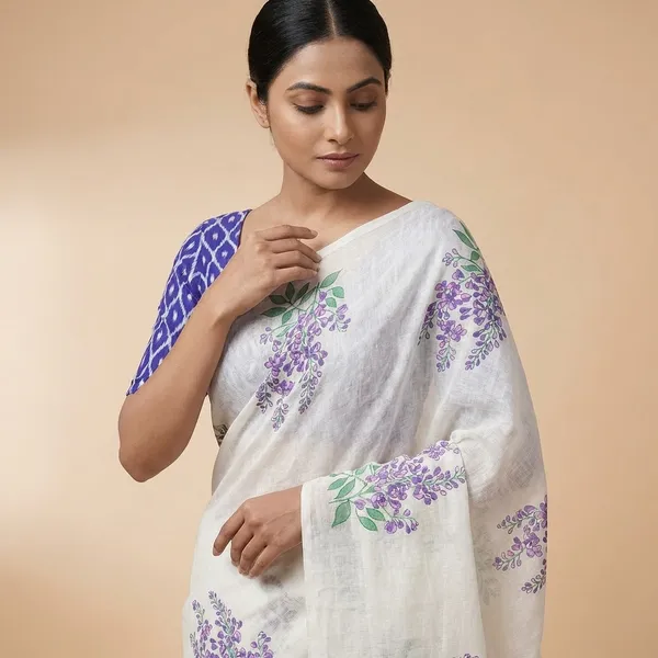 Cream_With_Blue_Linen_Digital_Saree_For_Women