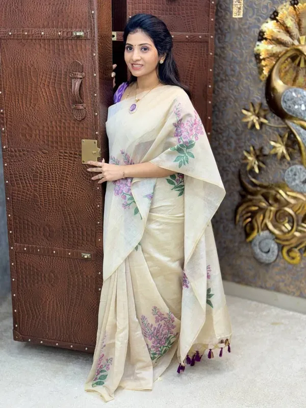 Cream_With_Blue_Linen_Digital_Saree_For_Women