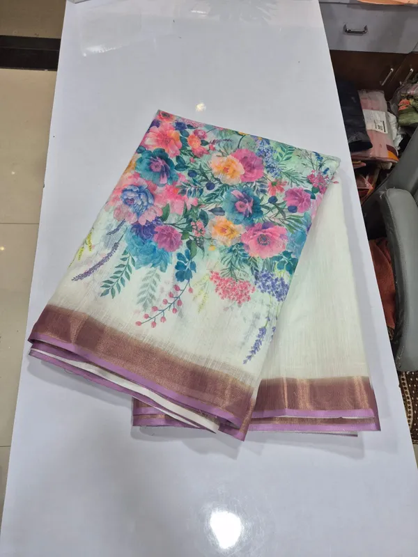 White_Linen_Saree_with_Floral_Digital_Print_&_Gold_Jari_Border