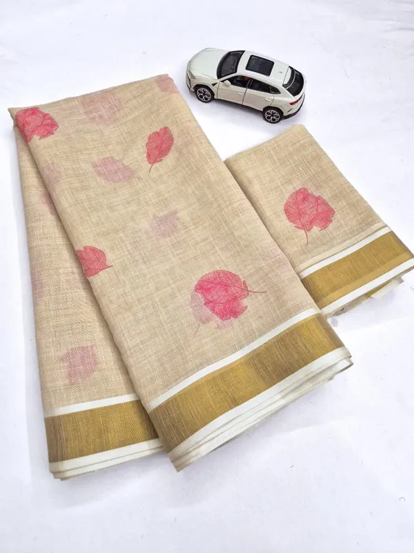 Elegant_Chiku_Linen_Kerala_Saree_With_Digital_Floral_Print_&_Gold_Jari_Border