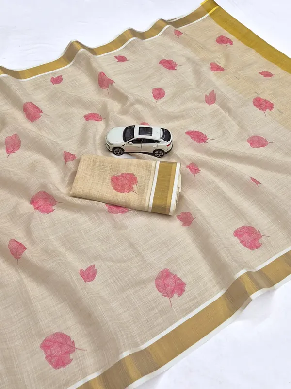 Elegant_Chiku_Linen_Kerala_Saree_With_Digital_Floral_Print_&_Gold_Jari_Border
