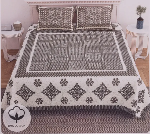 Beige_And_Brown_Geometric_Floral_Print_Cotton_King_Size_Bedsheet