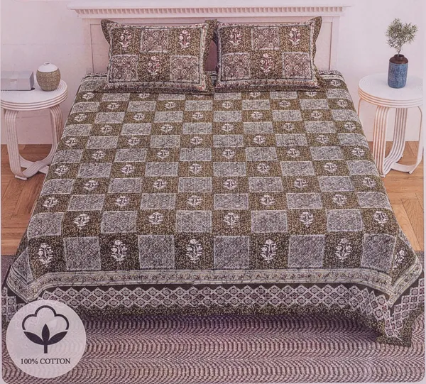 Beige_Checkered_Floral_Print_Cotton_King_Size_Bedsheet
