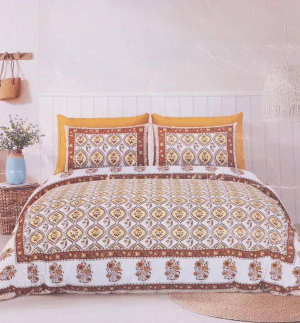 Yellow_Brown_Floral_Block_Printed_Bedsheet