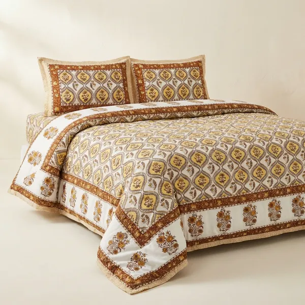 Yellow_Brown_Floral_Block_Printed_Bedsheet
