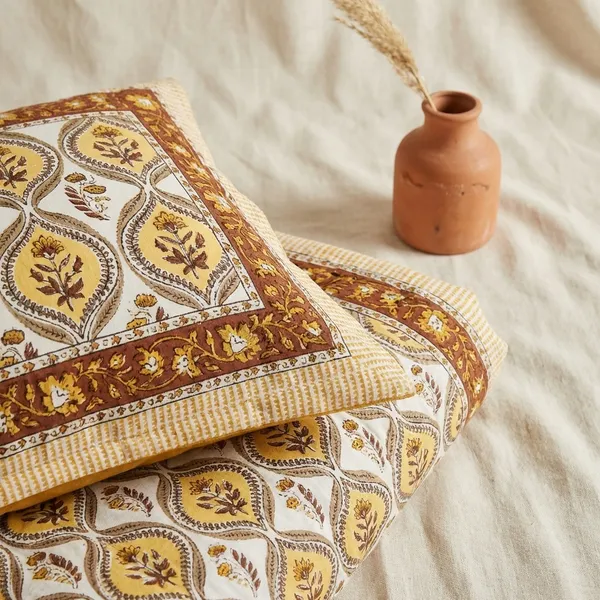Yellow_Brown_Floral_Block_Printed_Bedsheet