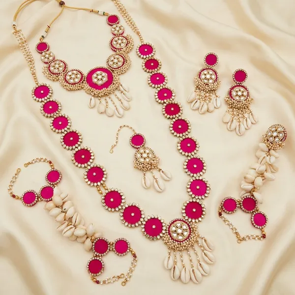 Bridal_Floral_Jewellery_Set_|_Pink_And_White_Gota_Patti_Flower_Jewellery_|_7_Piece_Set