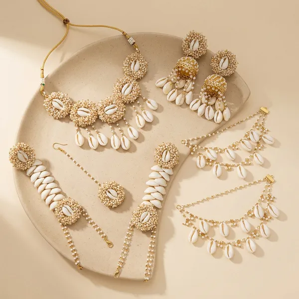 Traditional_Gold_Toned_Cowrie_Shell_Beaded_Jewelry_Set_|_Hair_And_Forehead_Ornaments