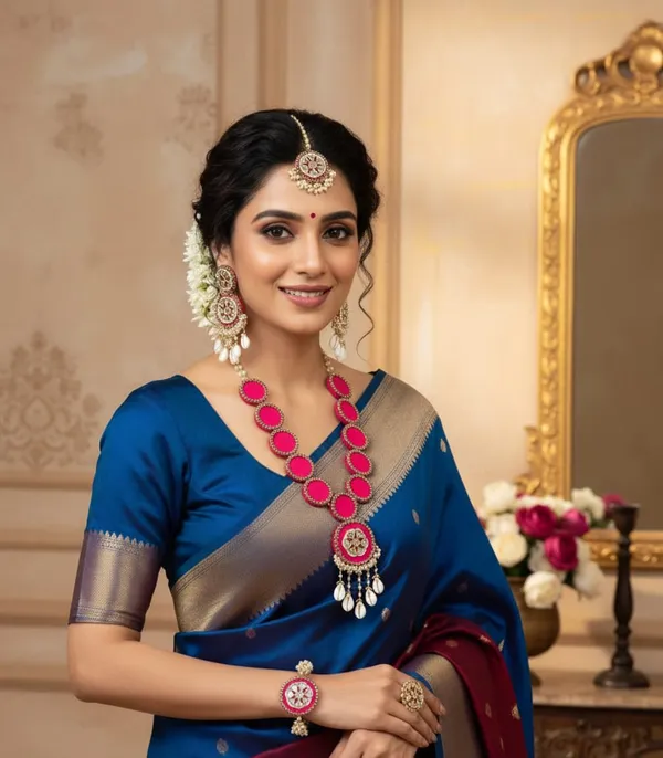 Traditional_South_Indian_Temple_Jewelry_Long_Haram_Necklace_Set_With_Pink_Kemp_Stones