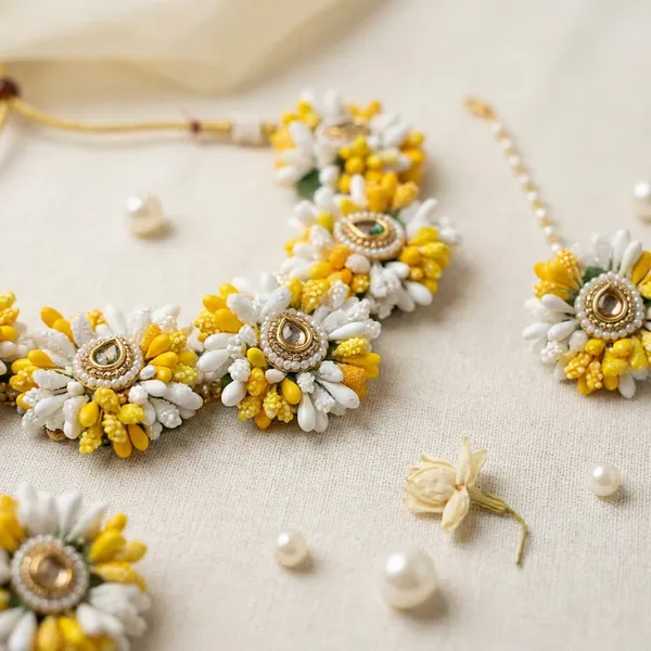 Handcrafted_Yellow_And_White_Floral_Gota_Patti_Jewelry_Set_With_Maang_Tikka
