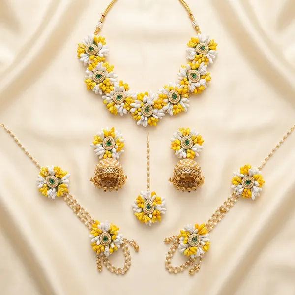 Handcrafted_Yellow_And_White_Floral_Gota_Patti_Jewelry_Set_With_Maang_Tikka