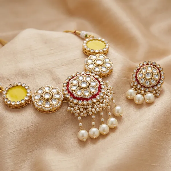 Traditional_Yellow_And_Pearl_Bridal_Jewelry_Set_|_Necklace_Earrings_And_Maang_Tikka