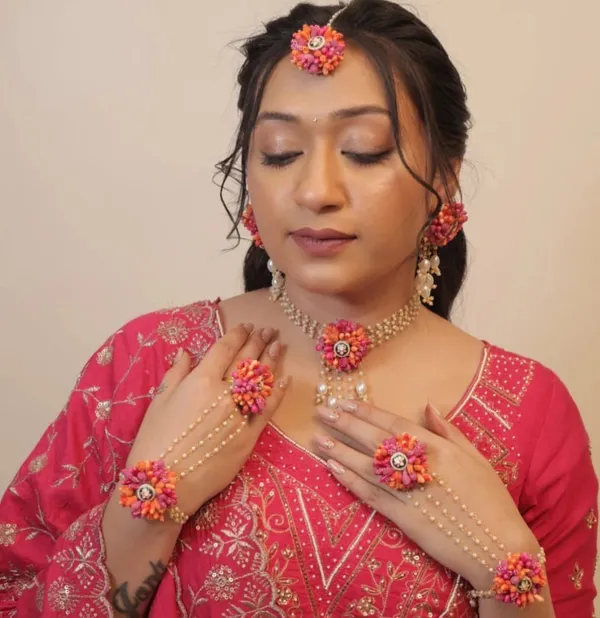 Handcrafted_Floral_Gota_Patti_Jewellery_Set_|_Pink_And_Orange_|_5_Pieces