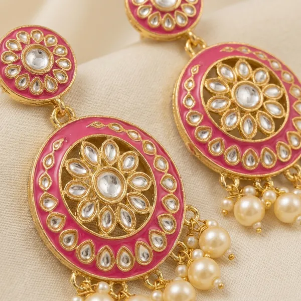 Traditional_Pink_Stone_And_Pearl_Ethnic_Jewelry_Set_|_Necklace_Earrings_And_Maang_Tikka