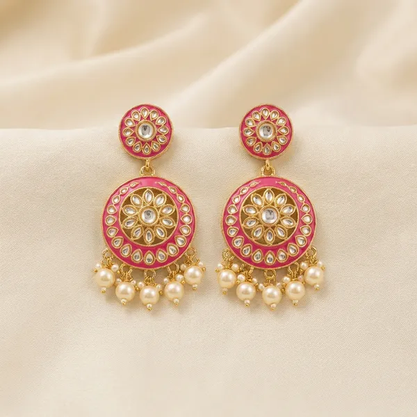 Traditional_Pink_Stone_And_Pearl_Ethnic_Jewelry_Set_|_Necklace_Earrings_And_Maang_Tikka