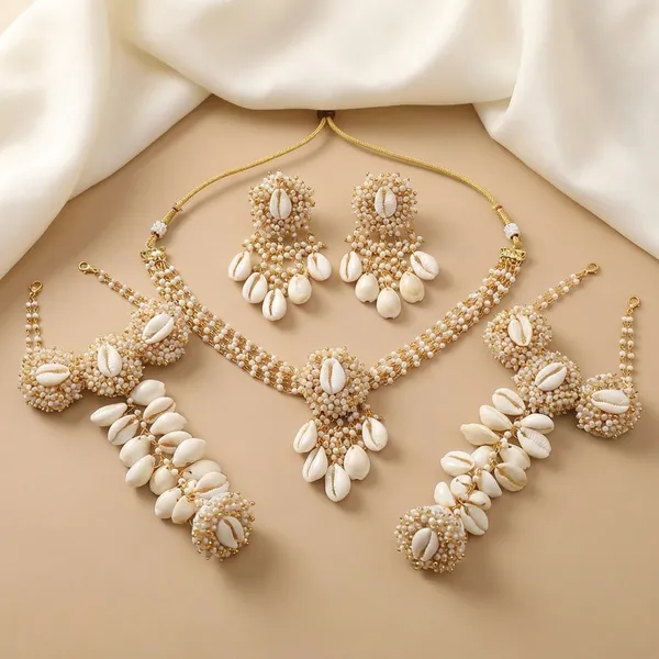 Traditional_Golden_Cowrie_Shell_Bridal_Jewellery_Set_With_Necklace_Maang_Tikka_Earrings_And_Hand_Ornaments