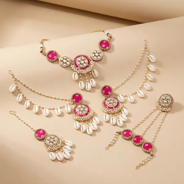 Traditional_Bridal_Kundan_Jewelry_Set_With_Maang_Tikka_And_Haath_Phool_|_Pink_And_Gold