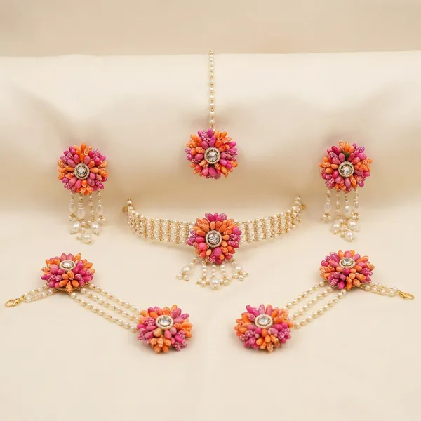 Handcrafted_Floral_Gota_Patti_Jewellery_Set_|_Pink_And_Orange_|_5_Pieces